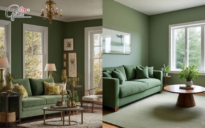 Phòng khách màu xanh rêu tạo không gian ấm cúng