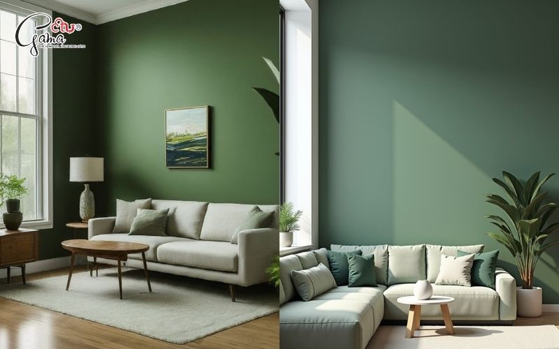 Phòng khách sơn tường xanh rêu tối giản tinh tế