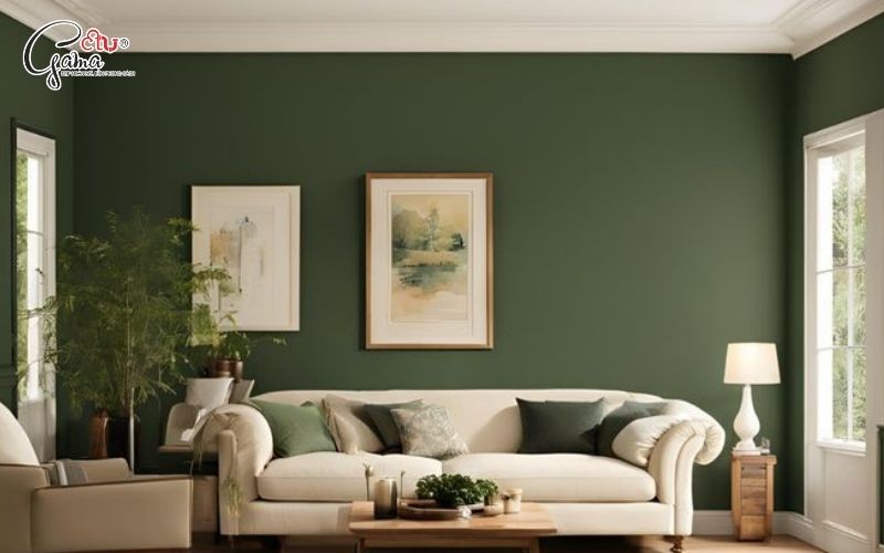 Nội Thất Phòng Khách Màu Xanh Rêu Kết Hợp Gỗ Tự Nhiên