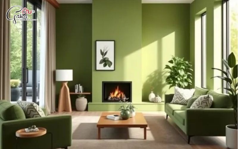 Phòng khách màu xanh rêu giúp không gian có chiều sâu