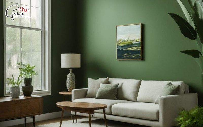 Phòng khách xanh rêu phối tranh treo tường nghệ thuật