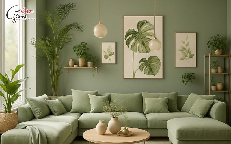 Phòng khách sơn xanh rêu kết hợp bàn trà gỗ tự nhiên