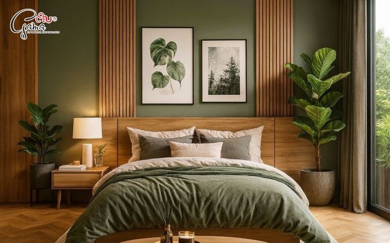 Phòng ngủ nhỏ sơn xanh rêu giúp không gian dịu mắt