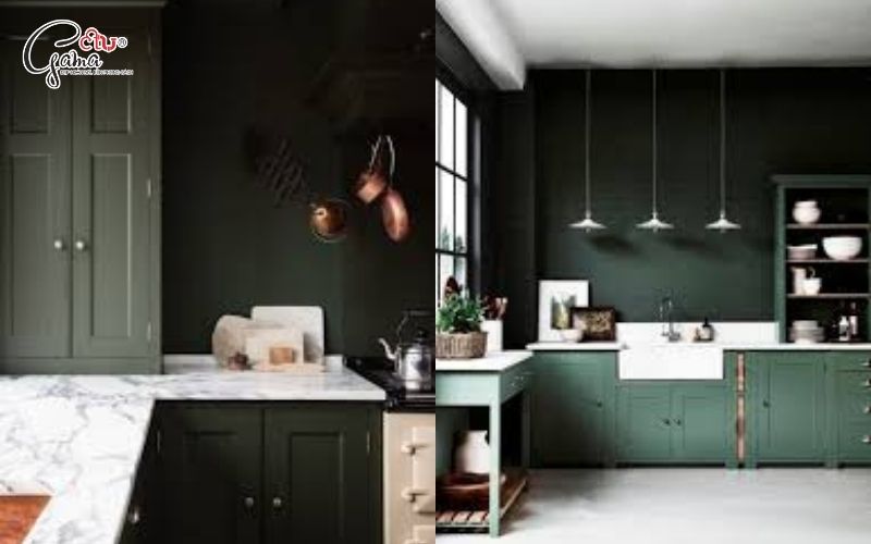 Phòng bếp sơn tường màu xanh rêu sạch sẽ hiện đại