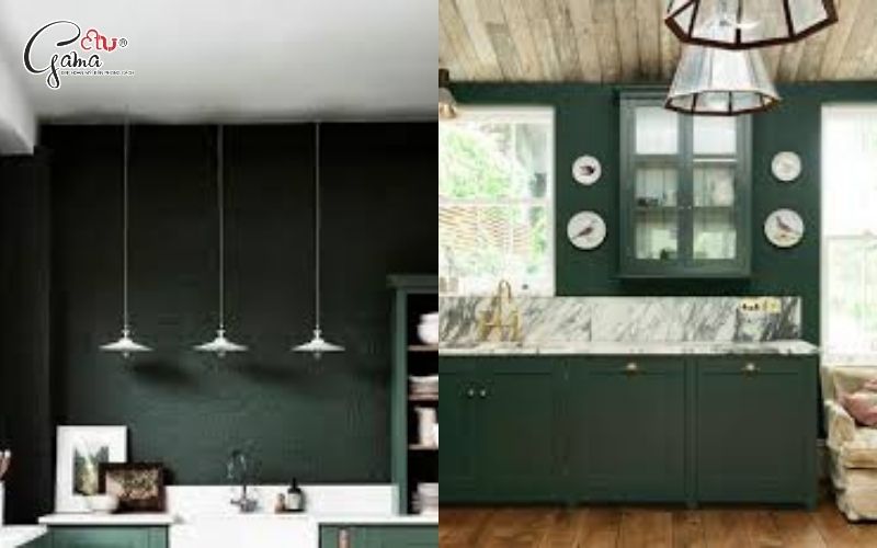 Phòng bếp màu xanh rêu tạo điểm nhấn cá tính