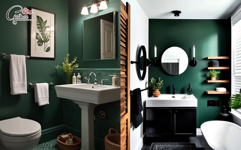 Phòng tắm màu xanh rêu tạo cảm giác sạch sẽ